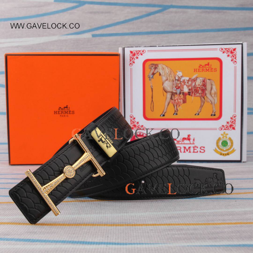 New Copy Hermes Double Sided Belt with Gold Diamond Belt Buckle